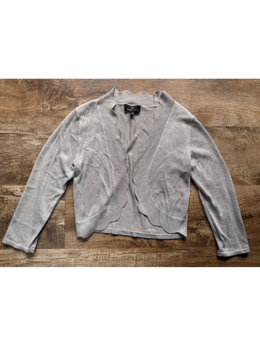 Ronni Nicole Women's Silver Metallic Scallop Edge Shrug Cardigan Small